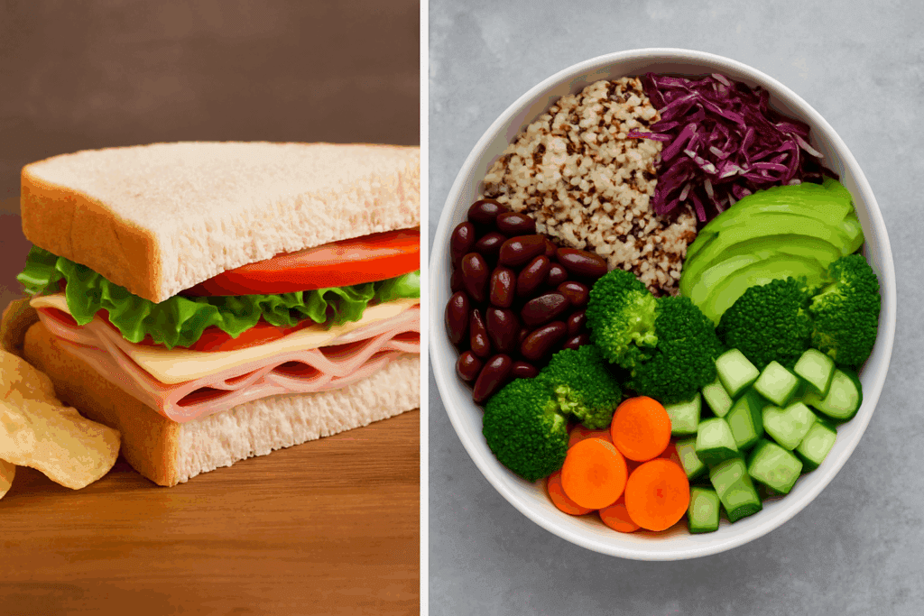 Split image showing a traditional sandwich lunch with chips versus a colorful quinoa bowl, highlighting non bread lunch ideas.