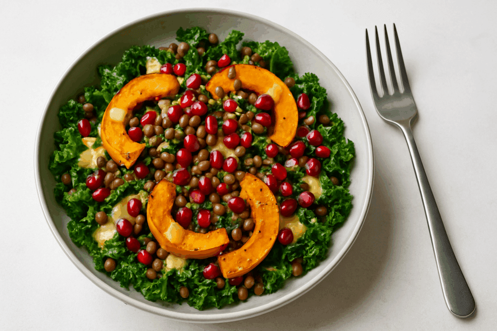 Hearty kale salad with roasted squash, lentils, and pomegranate seeds in a ceramic bowl—perfect for non bread lunch ideas.