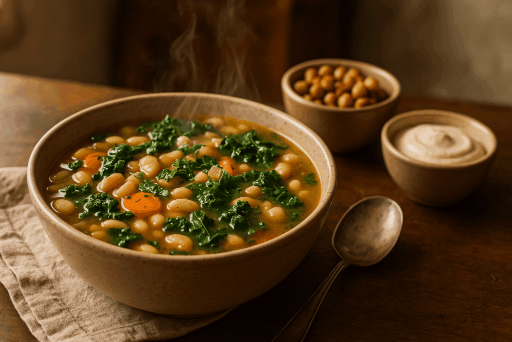 Steaming bowl of white bean and kale stew with roasted chickpeas and cashew cream, a cozy example of non bread lunch ideas.