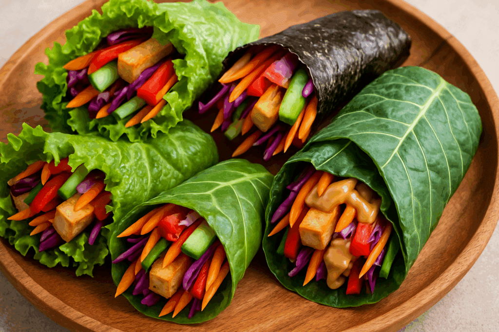Colorful lettuce, nori, and collard green wraps filled with tofu and vegetables on a wooden platter, perfect for non bread lunch ideas.