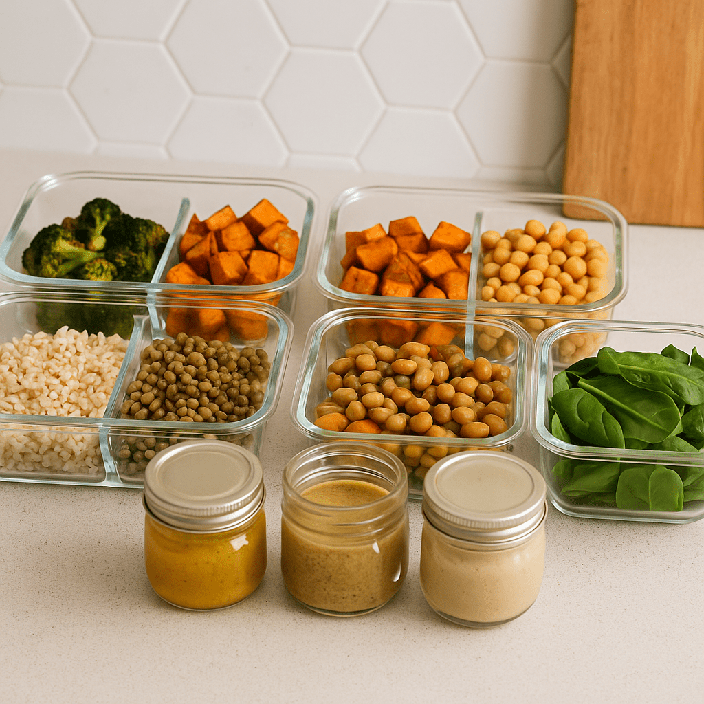 Glass meal prep containers on a kitchen counter filled with roasted vegetables, grains, legumes, and leafy greens, showcasing non bread lunch ideas.