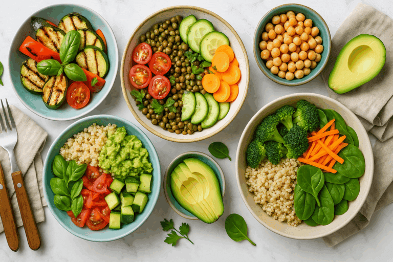 Colorful flat lay of vegetarian meals for weight loss with quinoa bowls, lentil salad, grilled vegetables, avocado, and chickpeas on marble background