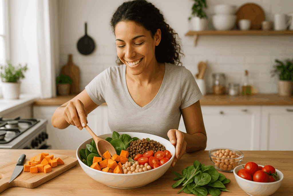 Cheerful woman preparing vegetarian meals for weight loss with fresh spinach, sweet potatoes, lentils, tomatoes, and chickpeas in a bright kitchen