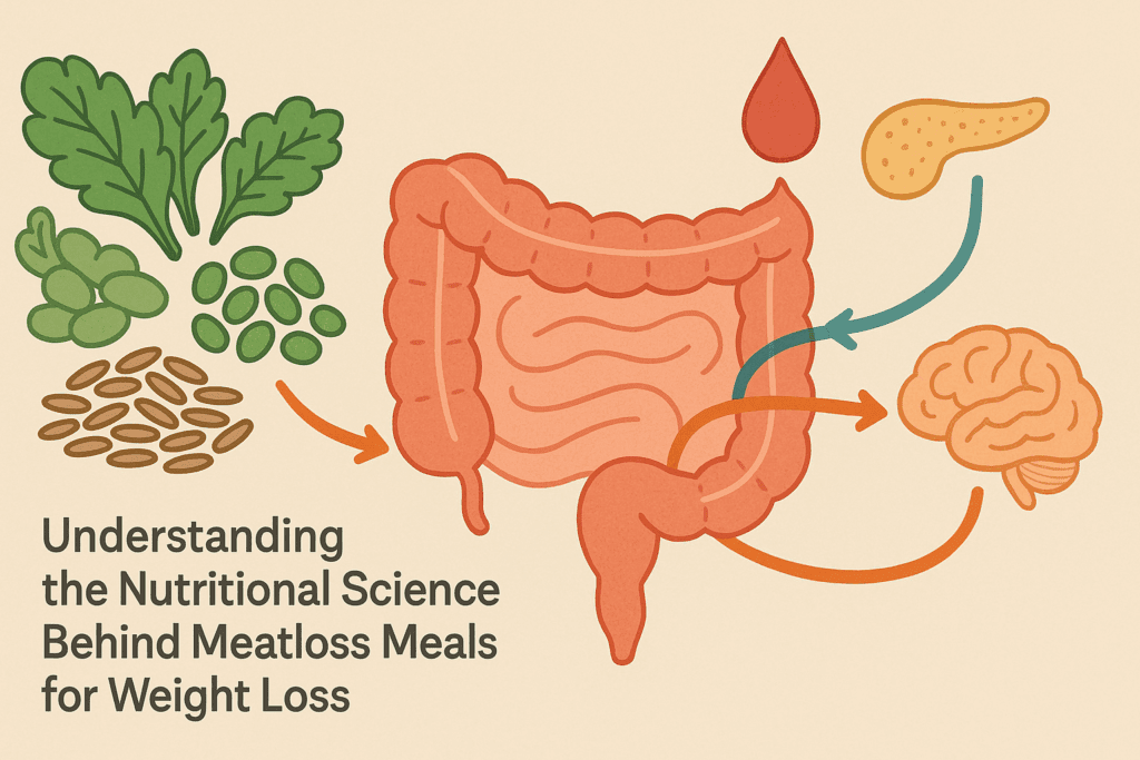 Illustration of fiber-rich vegetarian meals for weight loss showing leafy greens, legumes, and grains influencing gut health, blood sugar, and appetite-regulating hormones.