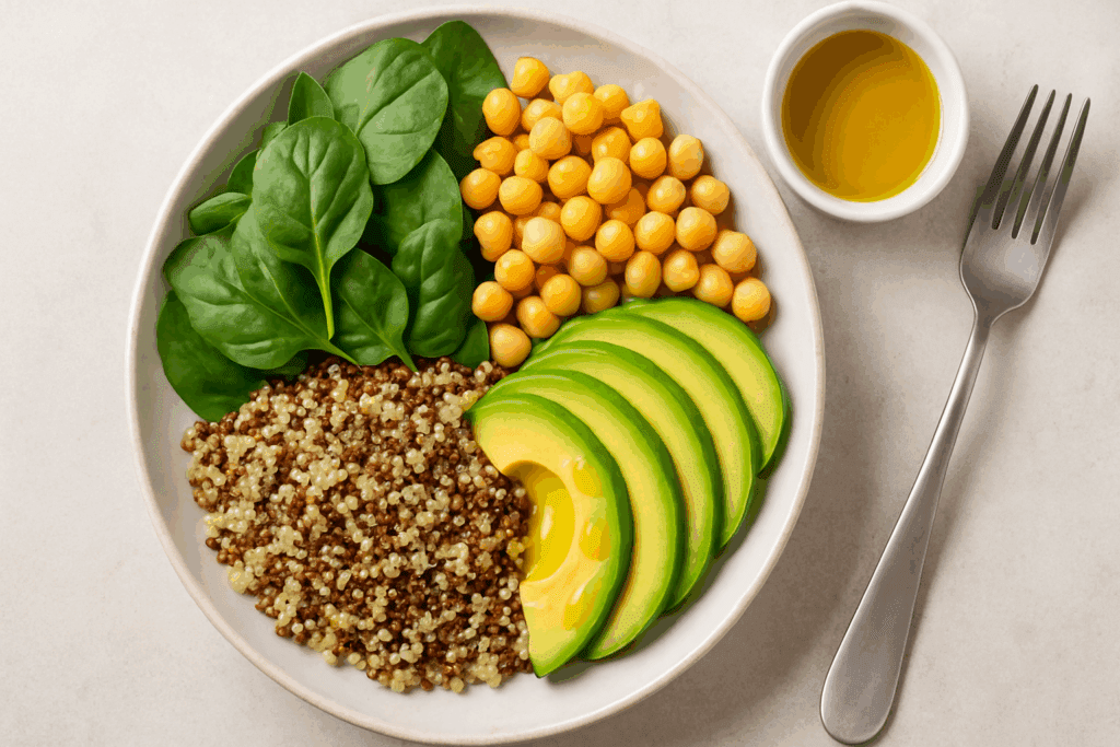 Balanced plate of leafy greens, chickpeas, quinoa, and avocado slices with olive oil—an example of vegetarian meals for weight loss