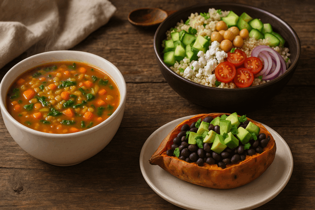 Three colorful vegetarian meals for weight loss on a rustic wooden table: lentil soup, quinoa bowl, and sweet potato with black beans and avocado.