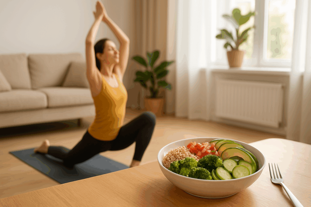 Woman doing yoga in a sunlit room with a colorful bowl of vegetarian meals for weight loss on the table in the foreground.