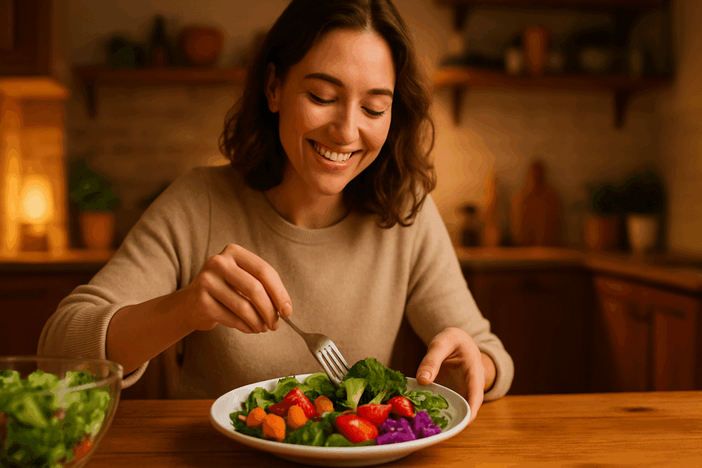 Smiling woman plating colorful roasted vegetables in a cozy kitchen, representing mindful vegetarian meals for weight loss.