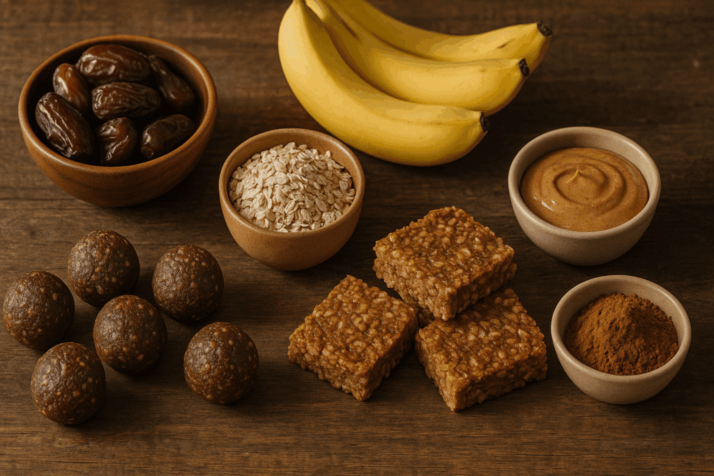 Rustic table with whole foods vegan desserts including date balls, banana oat bars, and bowls of oats, cacao, bananas, and almond butter