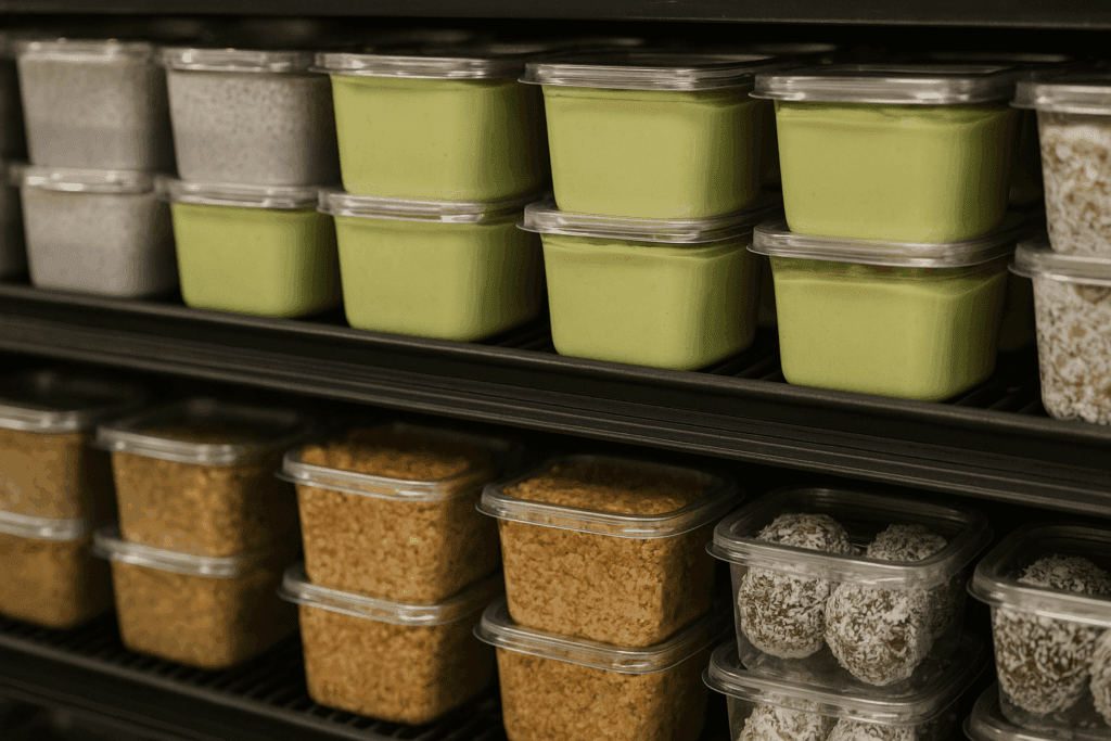 Refrigerated display case at Whole Foods Market featuring neatly stacked whole foods vegan desserts like chia parfaits, avocado mousse, oat bars, and coconut truffles in clear containers.