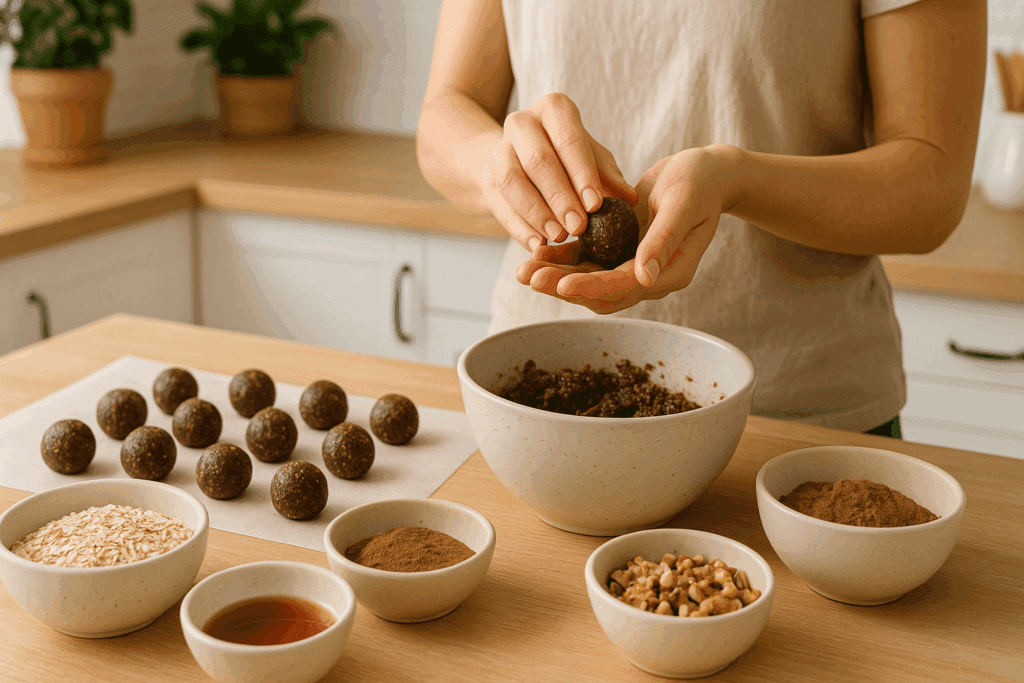 Hands rolling date balls with oats, cacao, nuts, and maple syrup in a bright kitchen, making whole foods vegan desserts.