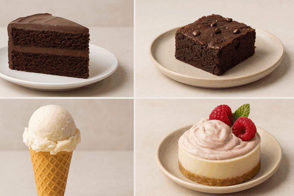 Whole foods vegan desserts shown in before-and-after pairs: black bean brownie, coconut nice cream, and cashew cheesecake alternatives