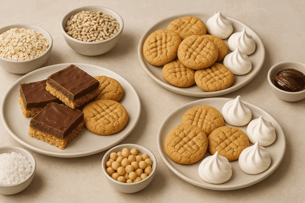 Allergen-friendly whole foods vegan desserts including oat bars, sunflower seed cookies, and aquafaba meringues on a beige table with bowls of oats, chickpeas, coconut, and dates.