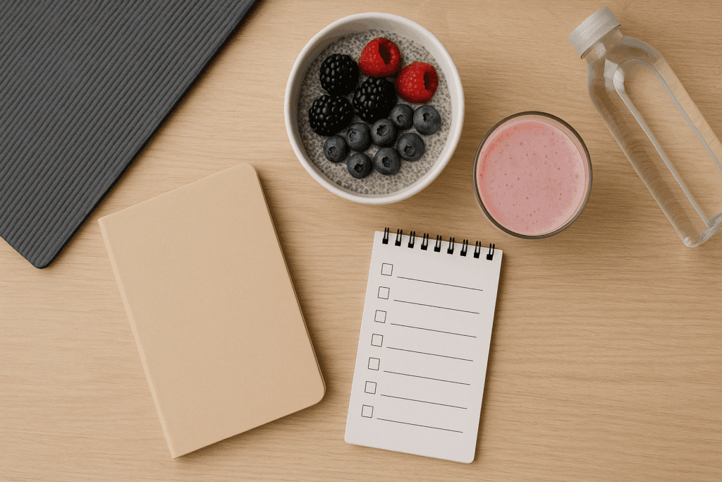 Flat-lay of whole foods vegan desserts including chia pudding and a smoothie, with a health journal, checklist, yoga mat, and water bottle.
