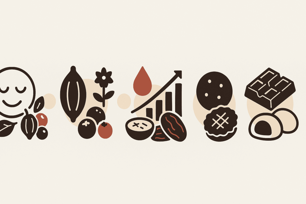 Infographic showing five benefits of whole foods vegan desserts using icons of cacao, berries, adaptogens, oats, nut-free cookies, and global treats like date bites and mochi