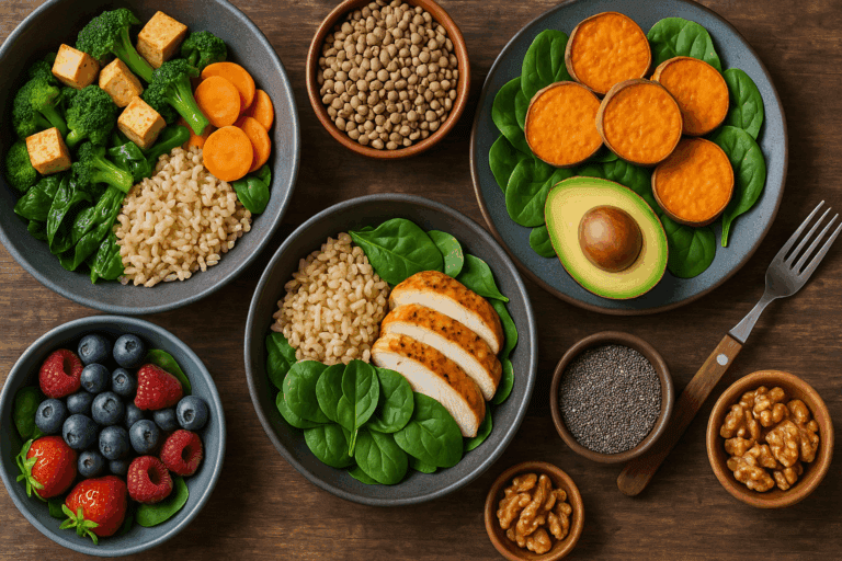 Colorful flat-lay of healthy meals for men featuring tofu, lentils, brown rice, sweet potatoes, leafy greens, avocado, berries, and walnuts on a rustic wooden table.