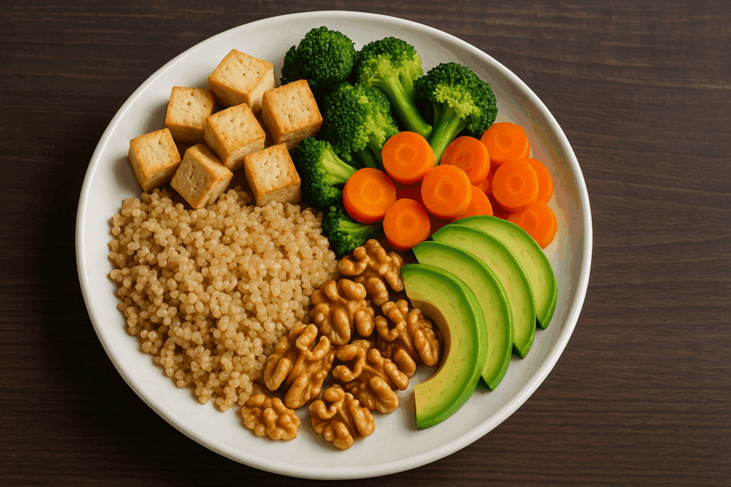Balanced plate with tofu, quinoa, carrots, broccoli, avocado, and walnuts—ideal example of healthy meals for men.