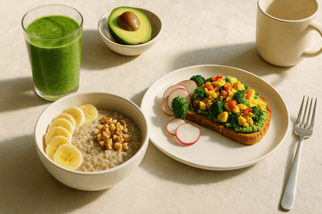 Energizing breakfast spread with smoothie, steel-cut oats, and avocado toast showcasing plant-based healthy meals for men