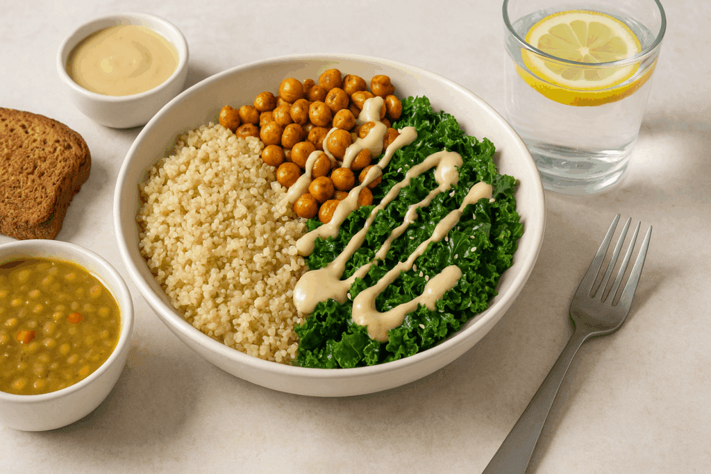 Quinoa bowl with roasted chickpeas, kale, and tahini drizzle served with lentil soup, toast, and lemon water—ideal healthy meals for men.
