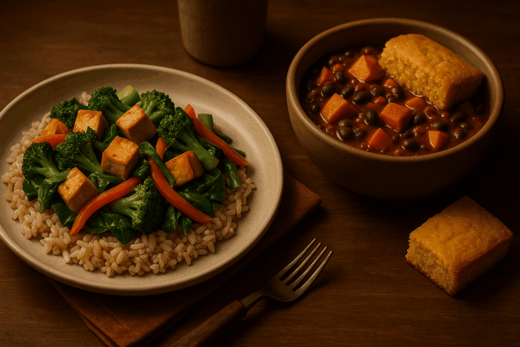 Comforting dinner with tofu stir-fry and sweet potato chili, perfect examples of healthy meals for men focused on recovery and sleep.