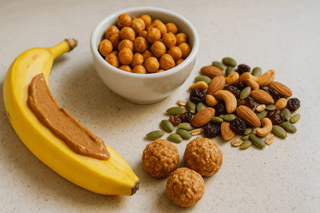 Banana with almond butter, roasted chickpeas, trail mix, and protein bites arranged as healthy meals for men on a modern countertop.