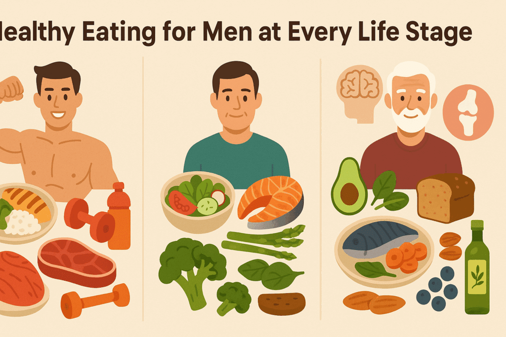 Infographic showing healthy meals for men at different life stages with illustrated foods for muscle, heart, and brain health