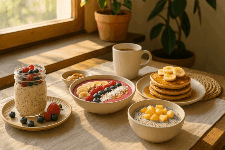 Breakfast table by a sunny window with healthy sweet breakfast options like overnight oats, smoothie bowl, banana pancakes, and chia pudding.