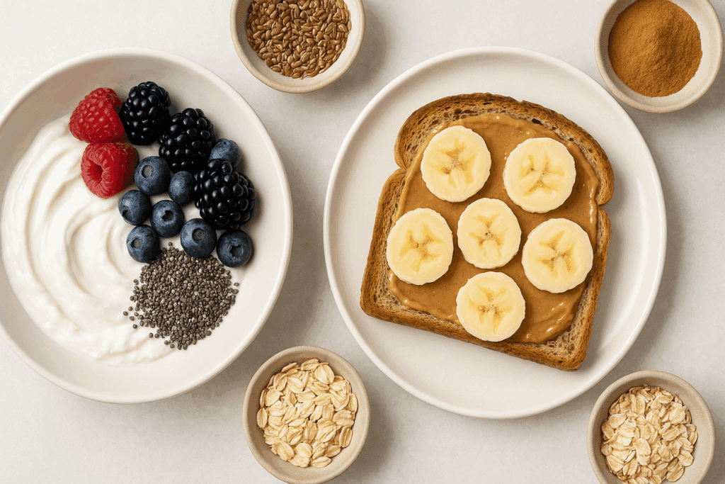 Greek yogurt with berries and chia seeds next to whole grain toast topped with almond butter and banana, surrounded by flaxseed, oats, and cinnamon—balanced options for a healthy sweet breakfast.