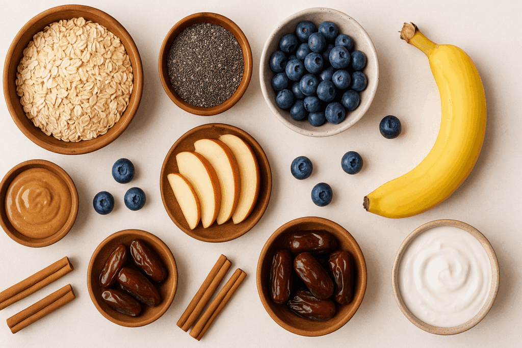 Flat lay of oats, chia seeds, banana, blueberries, apple slices, dates, almond butter, and yogurt in ceramic bowls for a healthy sweet breakfast.