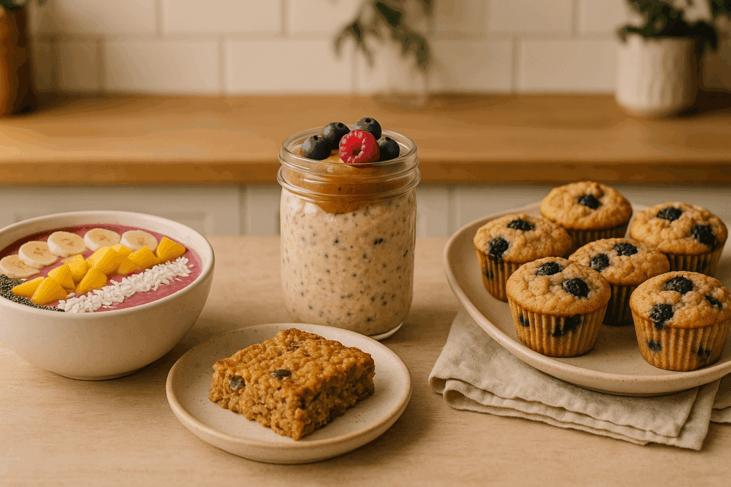 Smoothie bowl, overnight oats, baked oatmeal, and blueberry muffins styled on a kitchen counter for a healthy sweet breakfast.