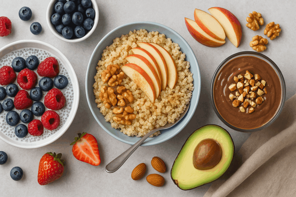 Chia pudding with berries, a quinoa apple walnut bowl, and an avocado chocolate smoothie—colorful healthy sweet breakfast options for special diets.