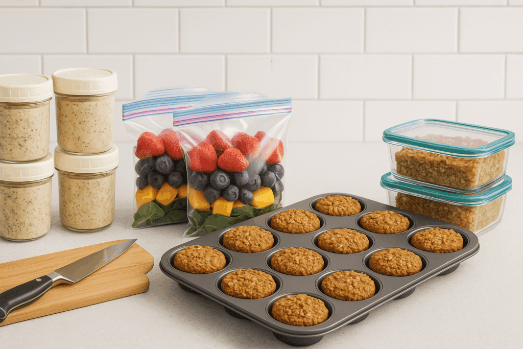 Meal prep scene with glass jars of overnight oats, fruit-filled smoothie bags, banana oat muffins, and baked oatmeal squares organized for a healthy sweet breakfast.