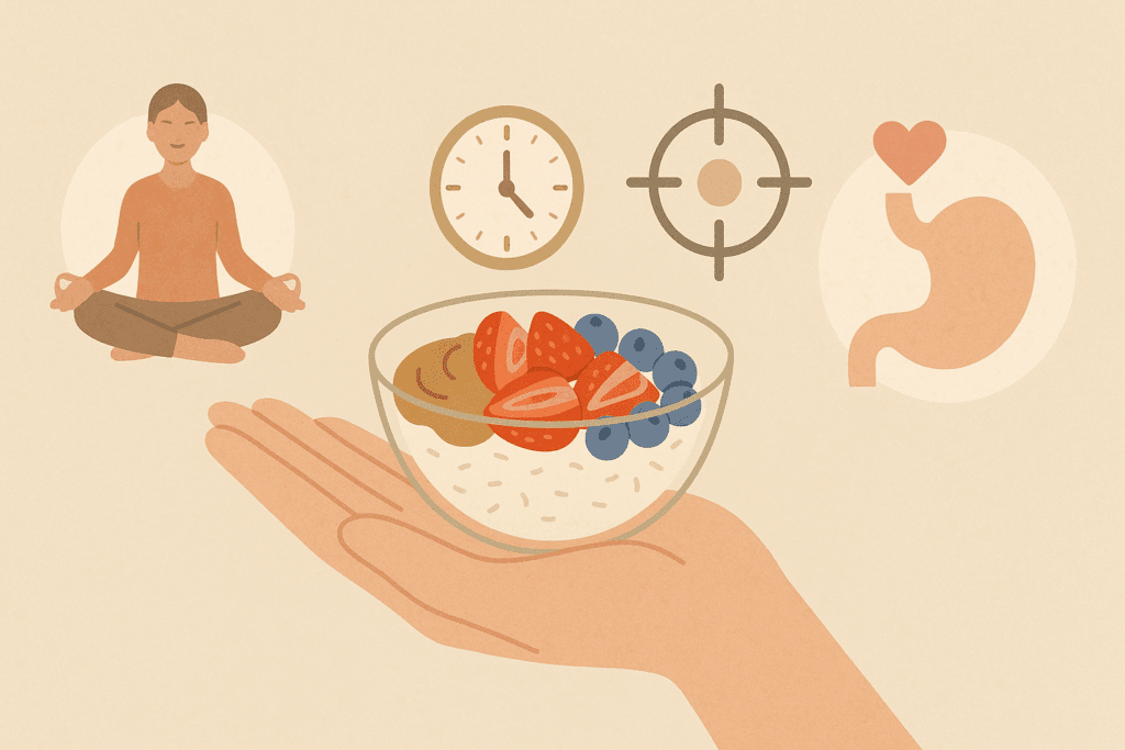 Infographic showing a healthy sweet breakfast of oats with berries and nut butter, surrounded by icons for mindful eating and portion control
