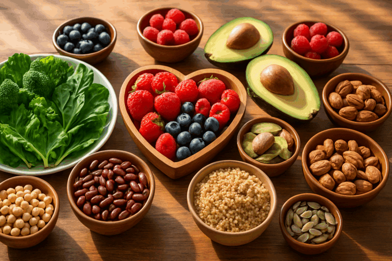 Heart-healthy foods including leafy greens, berries, legumes, whole grains, avocados, nuts, and seeds arranged on a wooden table, promoting the best diet for atherosclerosis."