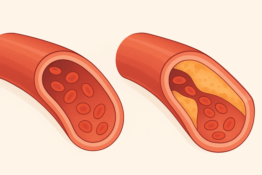 Healthy and clogged arteries comparison illustrating blood flow differences, emphasizing the best diet for atherosclerosis.