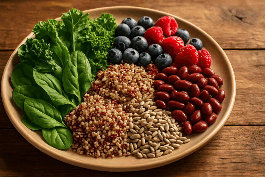 Craving Healthier Meals? Where to Find Takeout Vegetarian Food Near Me That’sDelicious and Nutritious 2 Colorful plate featuring leafy greens, berries, quinoa, beans, and seeds on a rustic table, representing the best diet for atherosclerosis.