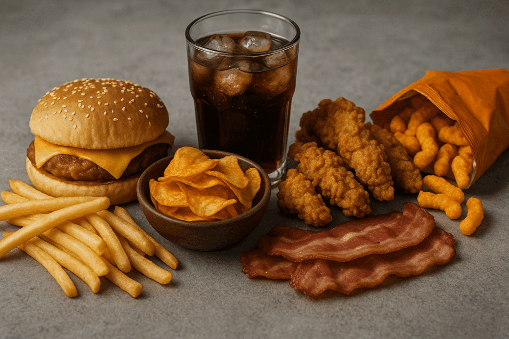 Assortment of fried foods, sugary soda, bacon, and packaged snacks on a gray table, highlighting foods to avoid for the best diet for atherosclerosis.