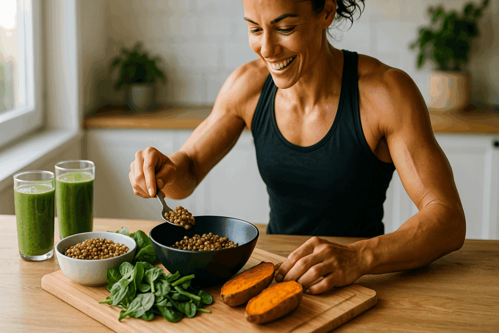 Athletic woman preparing a plant-based meal with lentils, sweet potatoes, leafy greens, and smoothies, showcasing the best diet for atherosclerosis.