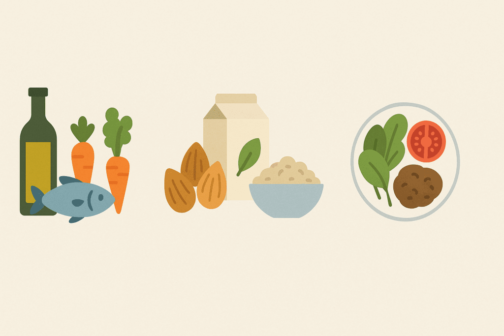 Infographic comparing Mediterranean diet with olive oil and fish, Portfolio Diet with nuts and soy, and Ornish plant-based meals as the best diet for atherosclerosis.
