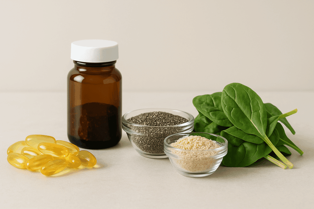 Supplements and functional foods like omega-3 capsules, CoQ10, chia seeds, oat bran, and spinach promoting the best diet for atherosclerosis.