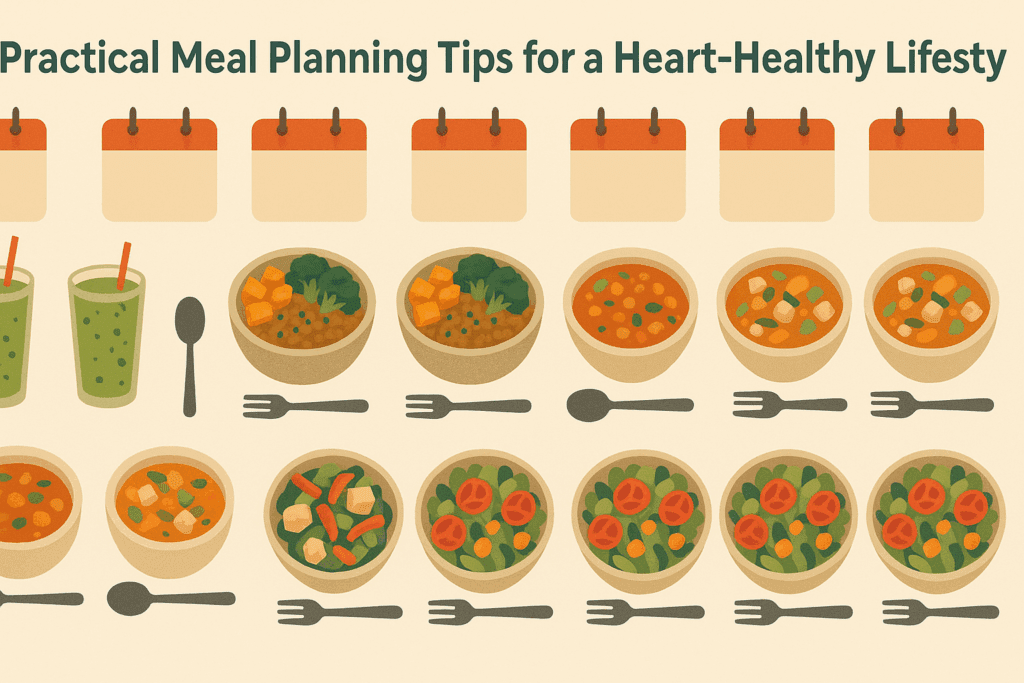 Colorful infographic illustrating a weekly meal plan of smoothies, grain bowls, lentil soups, tofu stir-fries, and salads, promoting the best diet for atherosclerosis.