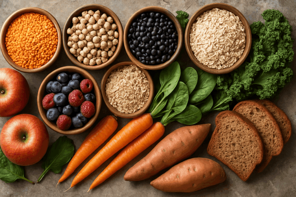 Assorted high fiber foods for hemorrhoids including lentils, black beans, oats, kale, apples, berries, and sweet potatoes on a rustic surface