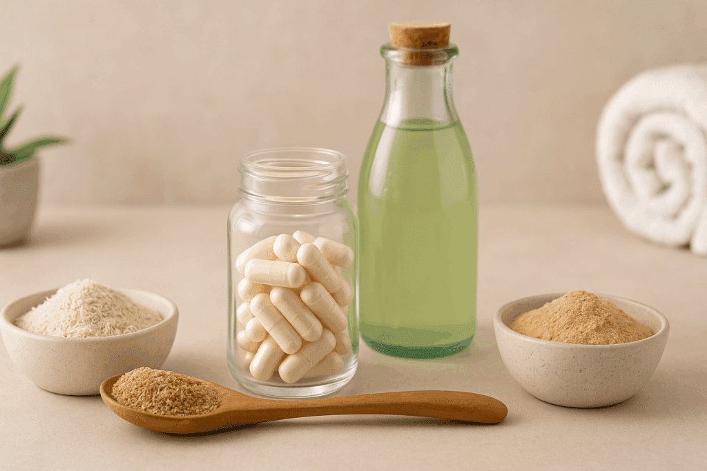 Natural supplements including psyllium husk, flaxseed, aloe vera juice, and probiotics—supportive high fiber foods for hemorrhoids—arranged in a calming wellness setting.