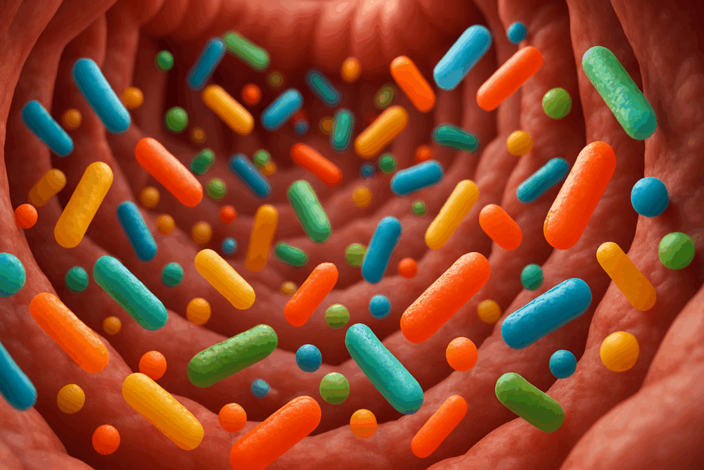 3D illustration of diverse beneficial bacteria inside the gut, showing a healthy digestive tract supported by high fiber foods for hemorrhoids