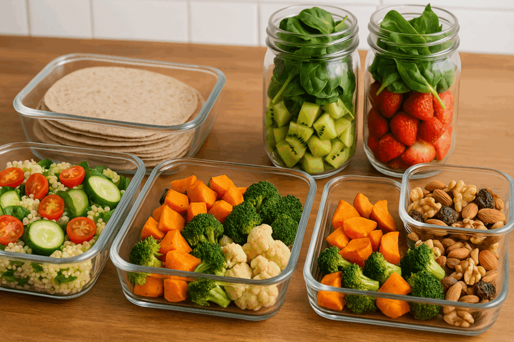 Meal prep containers on a wooden counter with high fiber foods for hemorrhoids like quinoa salad, roasted vegetables, whole grain wraps, and trail mix.