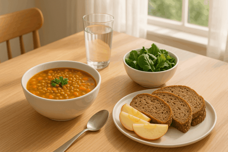 Wholesome breakfast with high fiber foods for hemorrhoids, including lentil soup, leafy greens, whole grain bread, apple slices, and water on a sunlit kitchen table.