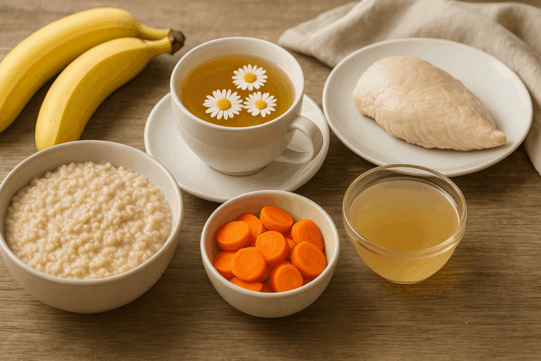 Wholesome gastritis diet foods including oatmeal, bananas, chamomile tea, steamed carrots, bone broth, and lean chicken on a rustic table