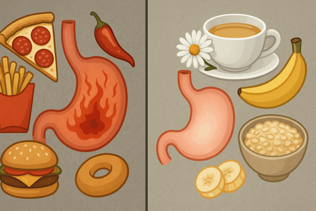 The Essential Gastritis Diet Plan: Powerful Foods to Eat (and Avoid) for Inflammation and Lasting Gut Relief 1 Split-screen illustration showing effects of the gastritis diet: inflamed stomach with spicy and processed foods vs. healing stomach with chamomile tea, oatmeal, and banana