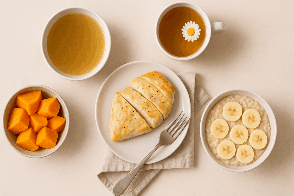 The Essential Gastritis Diet Plan: Powerful Foods to Eat (and Avoid) for Inflammation and Lasting Gut Relief 2 Flat lay of a soothing gastritis diet meal with bone broth, steamed sweet potatoes, baked chicken, banana oatmeal, and chamomile tea on a neutral background.