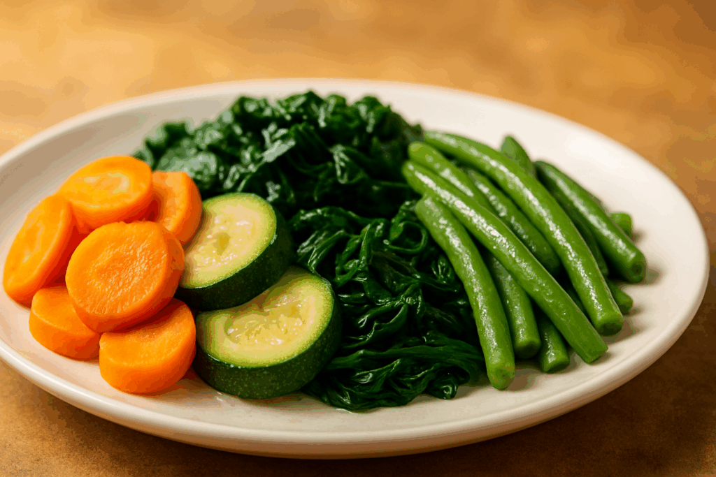 The Essential Gastritis Diet Plan: Powerful Foods to Eat (and Avoid) for Inflammation and Lasting Gut Relief 3 Cooked carrots, zucchini, spinach, and green beans on a plate, ideal for a soothing gastritis diet